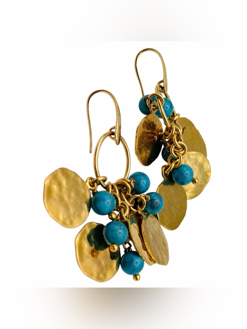 Bronzo-Italia Gold Disc & Real Turquoise Bead Drop Dangle Earrings Western Boho